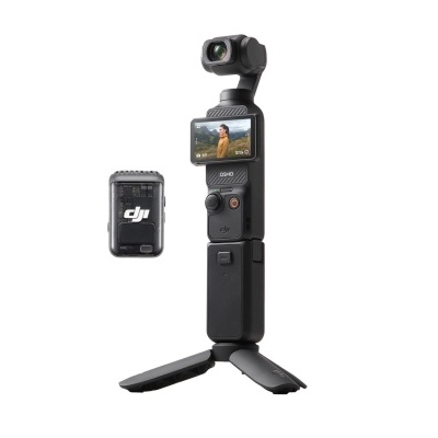 Câmara DJI Osmo Pocket preta com suporte tripé e acessório DJI