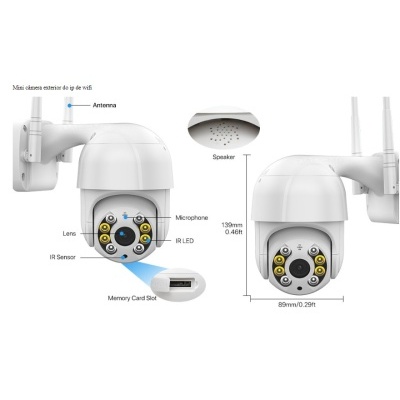 Câmara de segurança branca com antenas Wi-Fi e várias funcionalidades