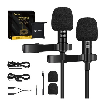 Microfones lapela profissionais SUREICE com acessórios e embalagem preta.