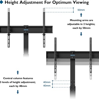 Suporte ajustável para monitor BONTEC preto com indicação de medições de altura.