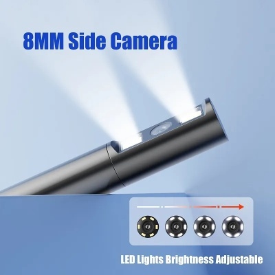 Câmera lateral 8MM prateada com luz LED ajustável e texto explicativo