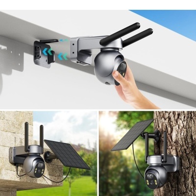 Câmara de segurança com antenas e painel solar em várias instalações exteriores