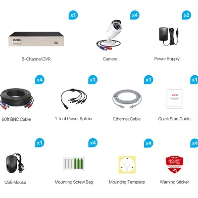 Conjunto de segurança com DVR, câmeras, cabos, adaptadores, acessórios e autocolantes