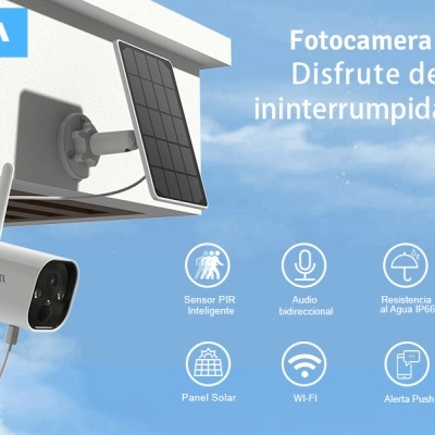 Câmara solar de segurança branca DEATTI com painel solar preto e texto promocional em fundo azul