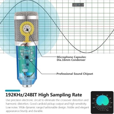 Microfone condensador azul com chip de som profissional e grelha metálica, texto técnico e gráfico de resposta frequencial