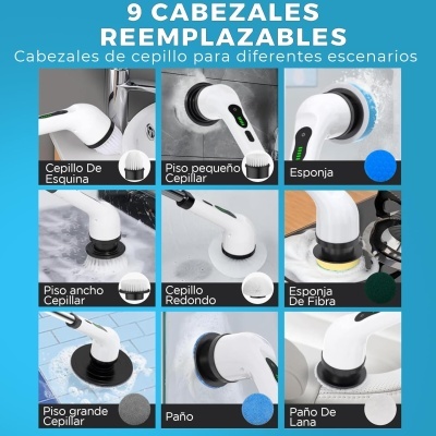 Imagem de nove cabeçais de escova de limpeza para diferentes superfícies com fundo azul e texto explicativo em espanhol