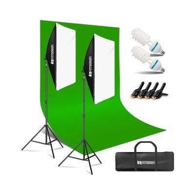 Kit de iluminação com softboxes, lâmpadas espiraladas, molas de clip e mala preta