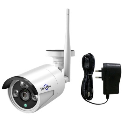 Câmara de segurança Hiseeu branca com antena e carregador preto