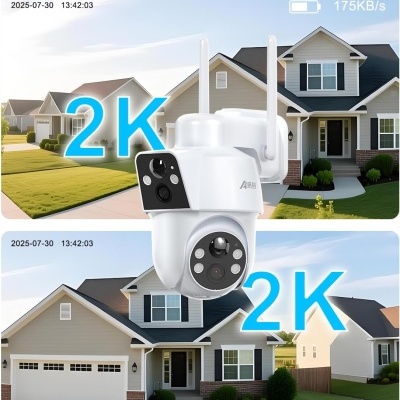 Câmara de segurança branca com duas antenas e texto promocional em espanhol indicando 2 câmeras e resolução 2K