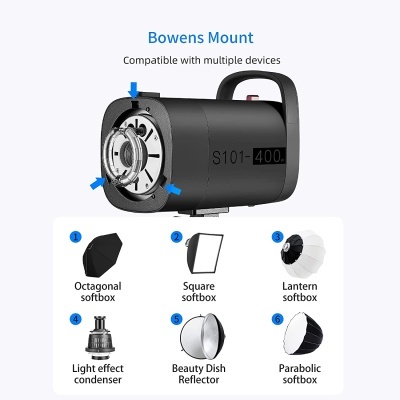 Dispositivo Bowens Mount preto com acessórios de iluminação e texto S101-400