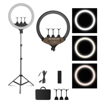 Anel de luz LED preto com tripé e acessórios