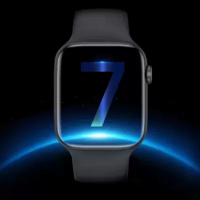 Relógio inteligente preto com número 7 azul no ecrã e texto promocional.