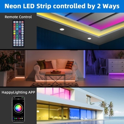 Fita LED Neon a cores controlada por controlo remoto e aplicação móvel com exemplos de iluminação interior e exterior