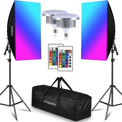 Kit de iluminação com softbox azul e rosa, lâmpadas LED, controladores remotos coloridos e mala de transporte preta