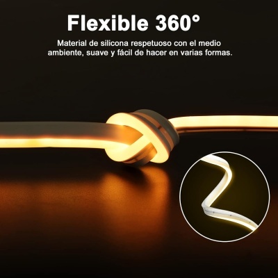 Luz LED flexível em silicone dobrada em fundo preto com texto