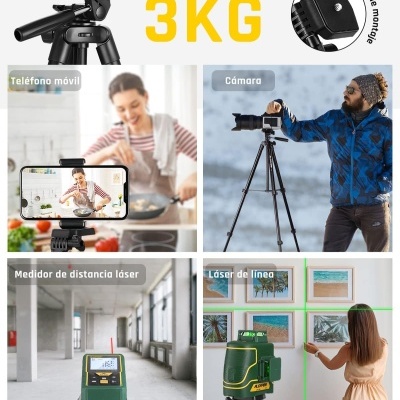 Tripé preto com cabeça ajustável para telemóvel, câmara e dispositivos laser