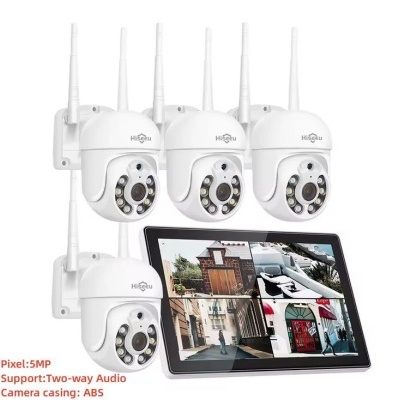 Quatro câmaras de segurança brancas Hiseeu com antenas e monitor a cores