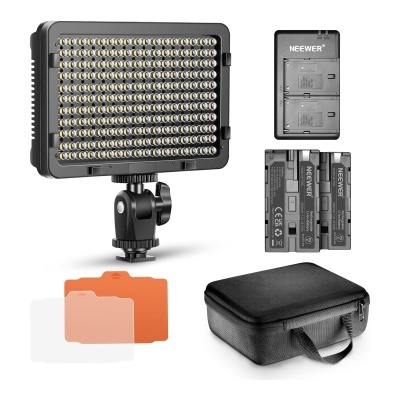 Kit de iluminação LED com painel de LEDs, baterias, carregador, filtros e mala preta