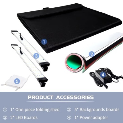 Conjunto de acessórios para fotografia com tenda dobrável preta, painéis LED, fundos coloridos e adaptador de energia