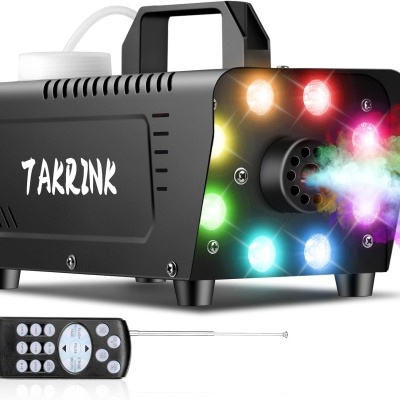 máquina de fumo preta com luzes coloridas e comando remoto