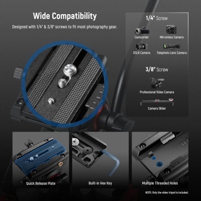 acessório preto para câmaras com parafusos 1/4 e 3/8, placa azul rápida, chave hexagonal e furos roscados