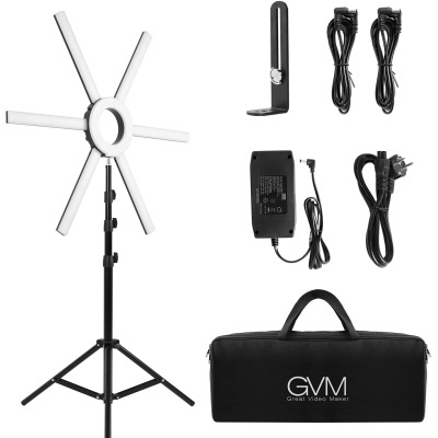 Anel de luz LED com tripé, suporte para telemóvel, cabos, fonte de alimentação e estojo GVM