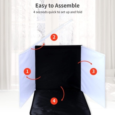 Estúdio portátil dobrável para fotos com três painéis, preto e branco, fácil de montar