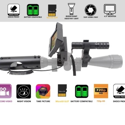 Dispositivo óptico com monitor, luneta cinza clara e funcionalidades destacadas em ícones coloridos.
