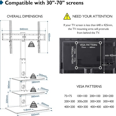 Desenho técnico de suporte para TV com medidas e padrões VESA para ecrãs de 30 a 70 polegadas.