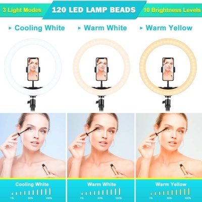 Três anéis de luz LED com telemóvel no centro e diferentes modos de iluminação