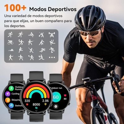 Homem a pedalar bicicleta com capacete, três smartwatches com modos desportivos visíveis
