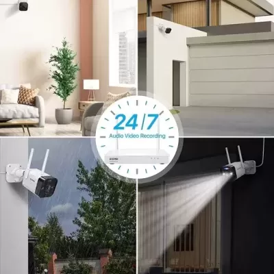 Câmara de segurança branca instalada em vários ambientes com texto 24/7 Audio Video Recording.