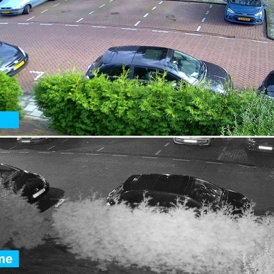 Parque de estacionamento com carros durante o dia e à noite visto de cima.