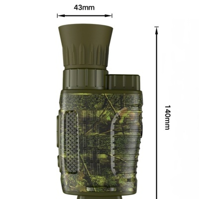 Monóculo compacto verde camuflado com texturas antiderrapantes e marcações de dimensão