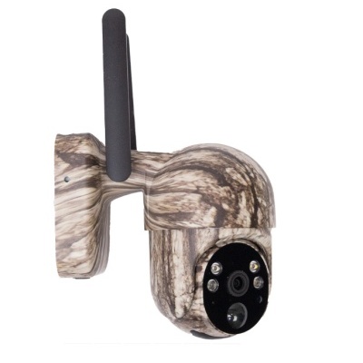 Câmara de segurança exterior com padrão camuflado de madeira e antena preta