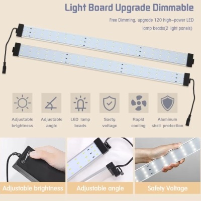 Duas barras LED brancas com moldura preta e características de brilho e ângulo ajustáveis, voltagem segura, arrefecimento rápido e proteção de alumínio.