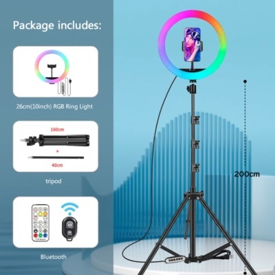 Ring light RGB de 26cm em tripé ajustável até 200cm com suporte para smartphone e controle remoto Bluetooth