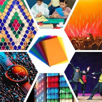 Colagem de imagens mostrando relógio, crianças a recortar, concerto, dança, mosaico, vitral e papel colorido