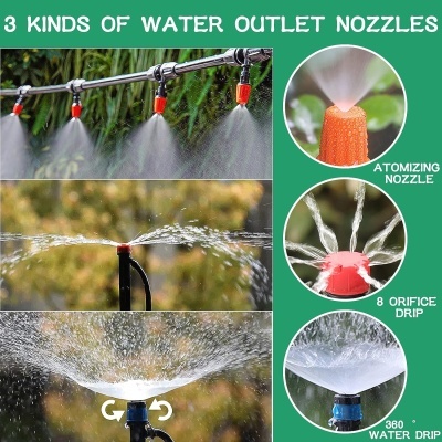 Três tipos de bicos de saída de água para rega com textos descritivos em inglês.