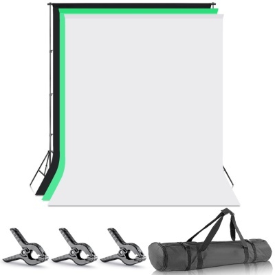 Kit de fundos fotográficos branco, verde e preto com suportes, grampos e bolsa de transporte.