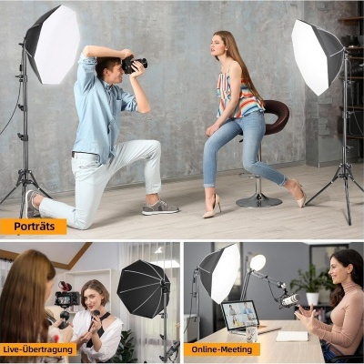 Três cenas de estúdio com softboxes para fotografia, transmissão ao vivo e reuniões online