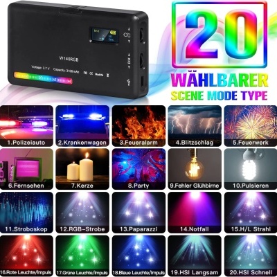 Dispositivo preto com painel RGB e 20 modos de cena para iluminação colorida