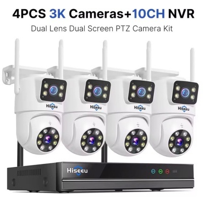 Conjunto de câmaras de vigilância Hiseeu branco e gravador NVR preto