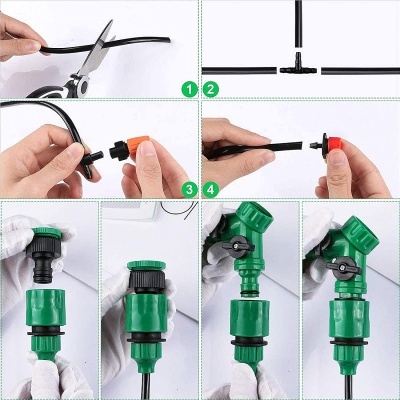 Montagem de sistema de irrigação com tubos e válvula verde