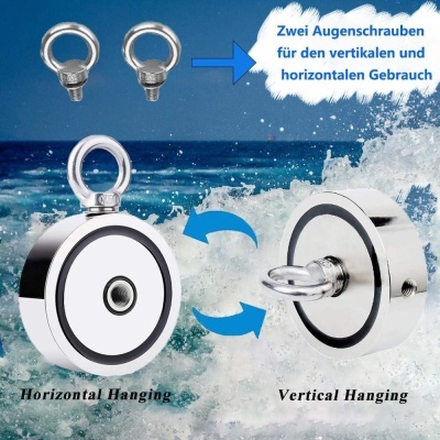 Imã redondo prateado com argolas e texto em alemão em fundo de mar