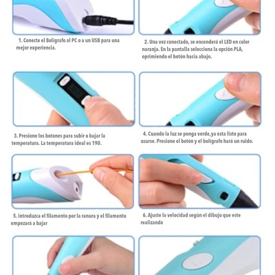 Manual de instruções para caneta 3D azul com botão branco e instruções em espanhol