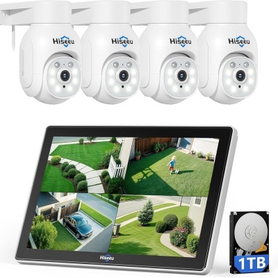 Camis de segurança branca Hiseeu, monitor com imagens vigilância, disco rígido 1TB