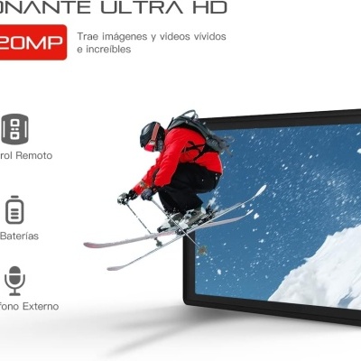 Câmara desportiva preta com ecrã a cores e esquiador em ação na neve