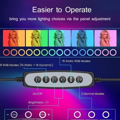 Comando de controlo de luz RGB com vários botões e esquema de cores.