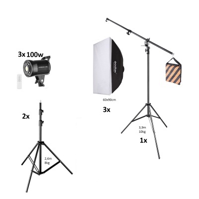 Conjunto de iluminação para fotografia com luzes LED, suportes, softbox e tripé com contrapeso
